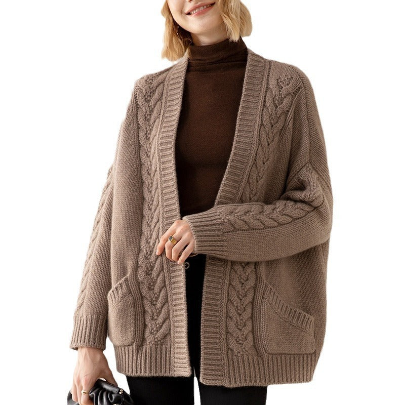 Women's V-Neck Temperament Knitted Loose Twist Mid-Length Sweater