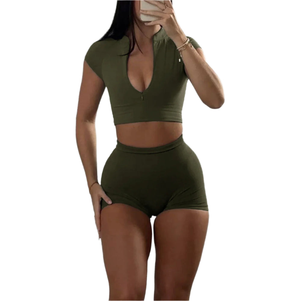 Sports Zipper Short-Sleeved Top And Shorts Two-Piece Gym Workout Outfit Clothing Set Suit For Women.