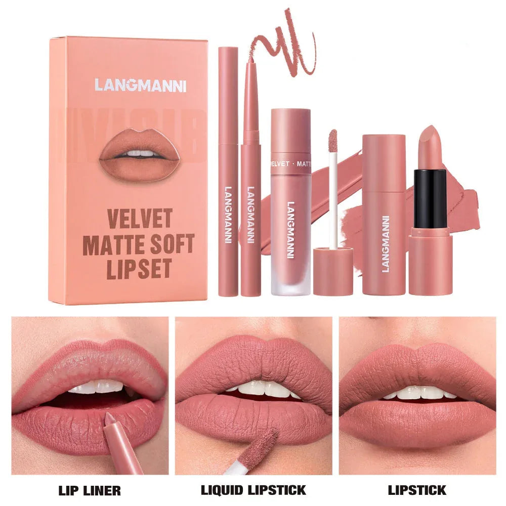 Six-Color Lipliner Liquid Lipstick & Lipstick 3pcs Set