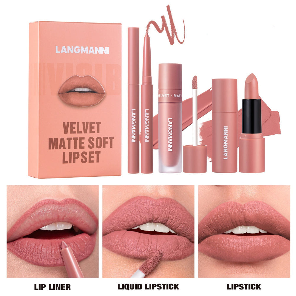 Six-Color Lipliner Liquid Lipstick & Lipstick 3pcs Set