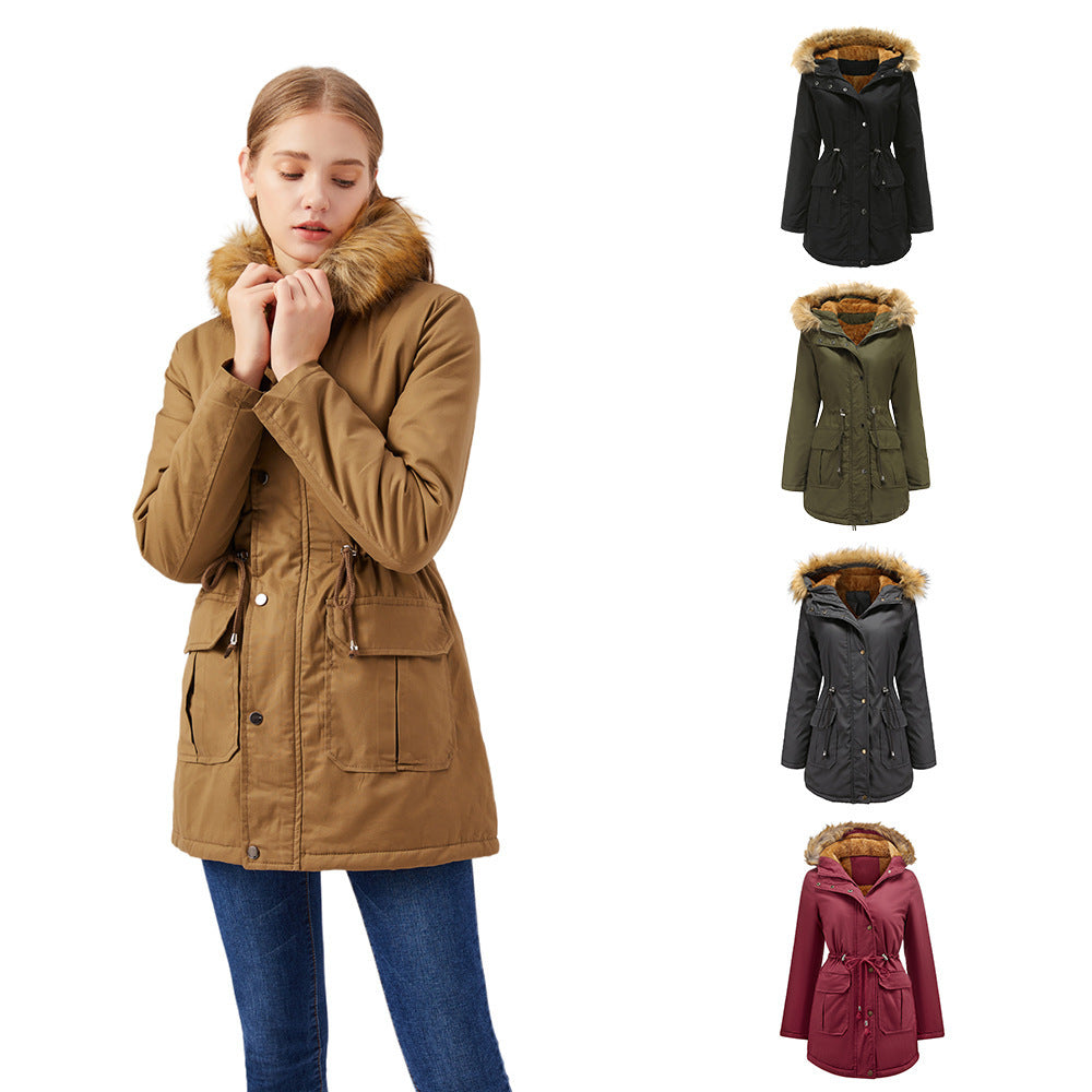 Women's Hooded Fur Collar Fleece-Lined Warm Winter Jacket