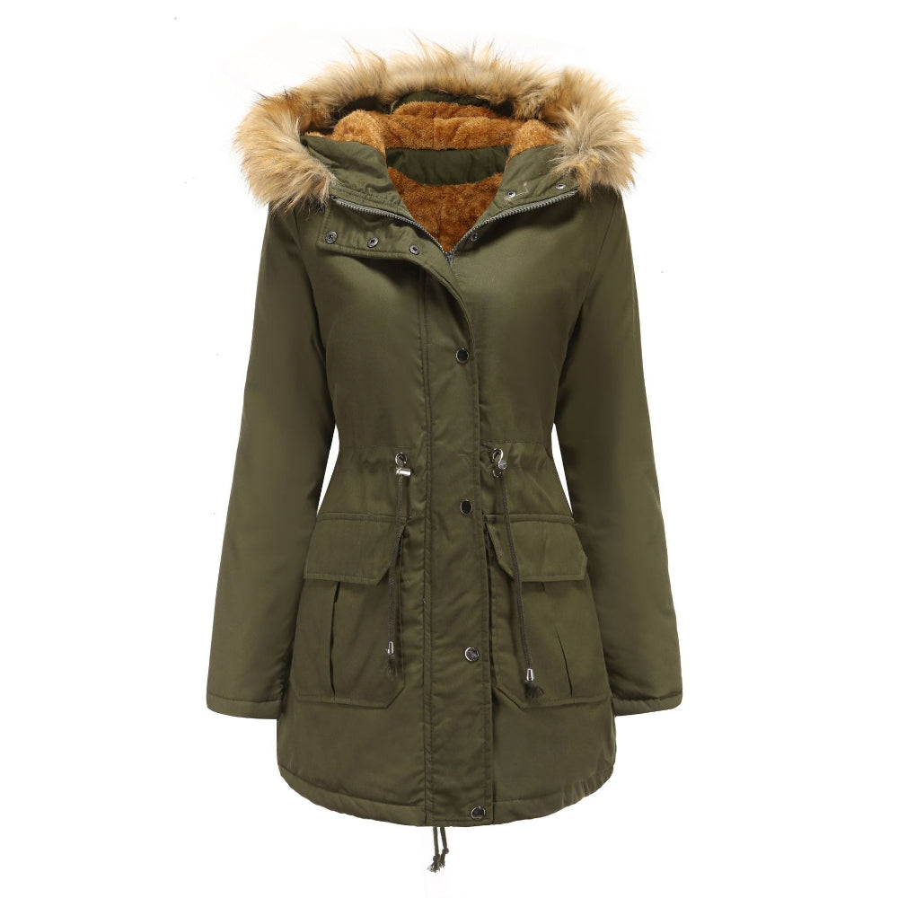 Women's Hooded Fur Collar Fleece-Lined Warm Winter Jacket
