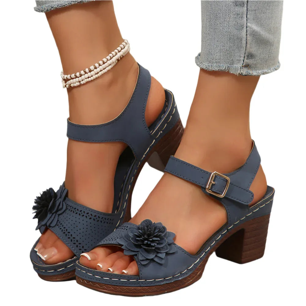 Women's Flowers Chunky Heel Sandals Summer Plus Size Platform Shoes