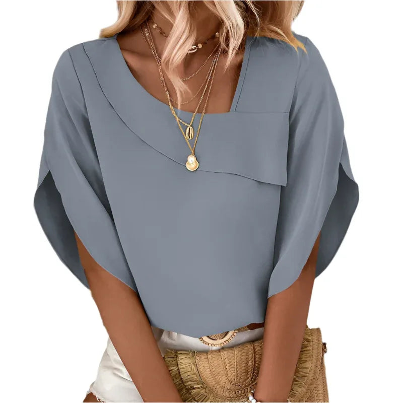 Solid Asymmetrical Neck Petal Sleeve Blouse Top For Women