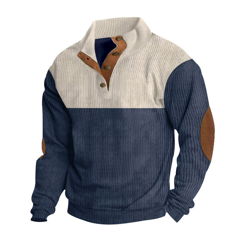 Men's Casual Button Half-Open Stand Collar Fashion Colorblock Sweater