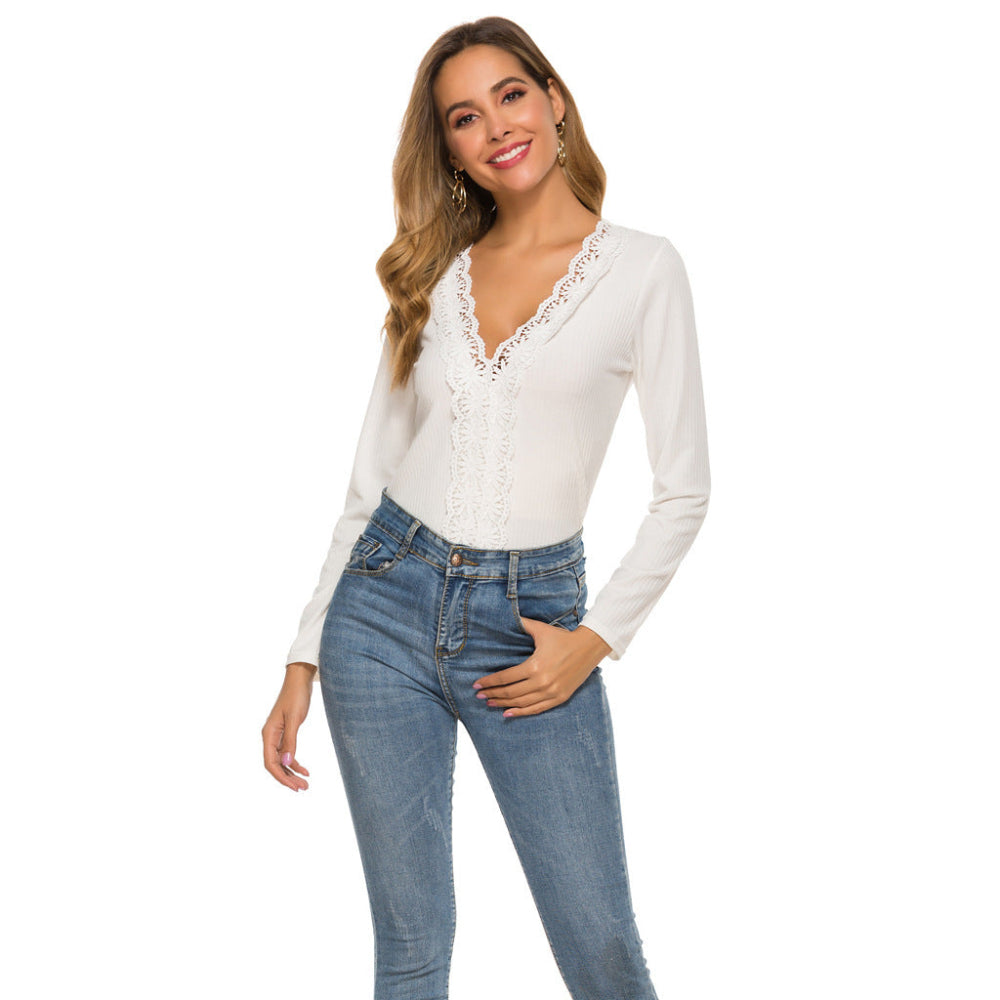 Lace Long Sleeve Sweater Bottoming Shirt Women's Slim Stretch Top