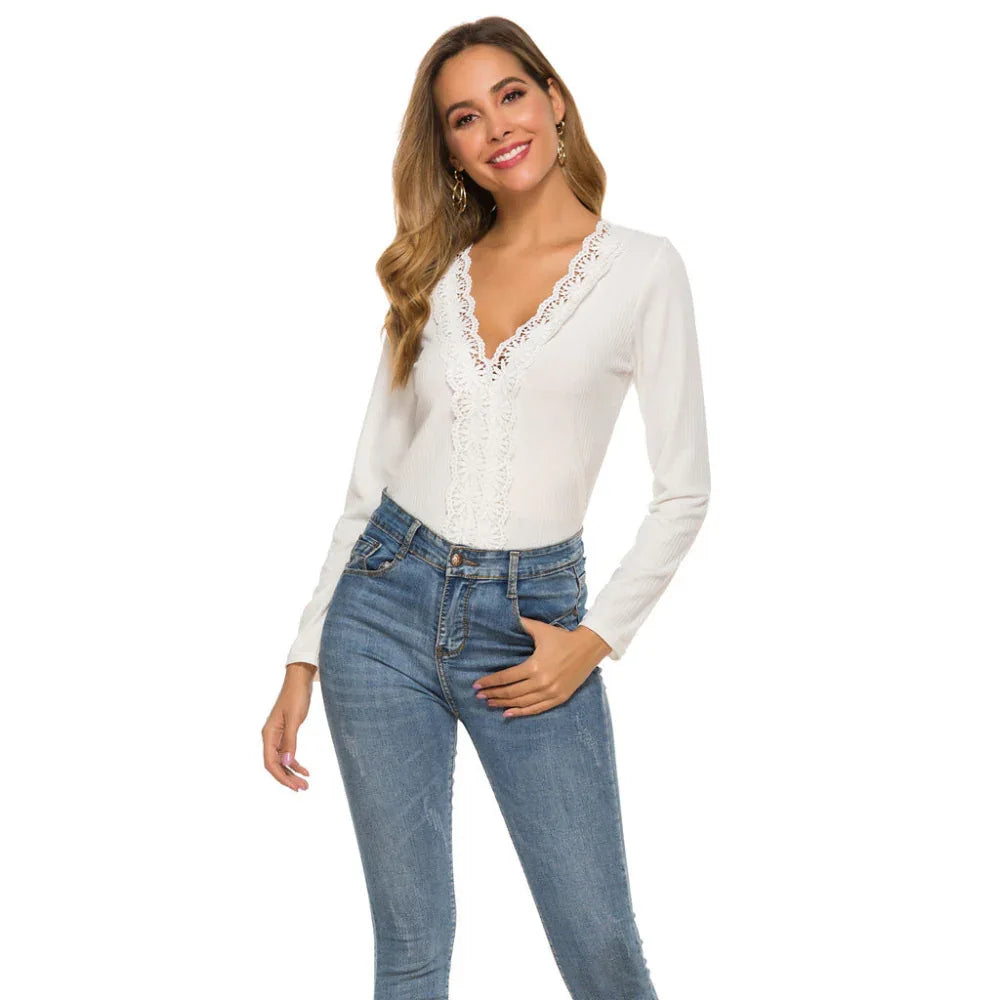 Lace Long Sleeve Sweater Bottoming Shirt Women's Slim Stretch Top