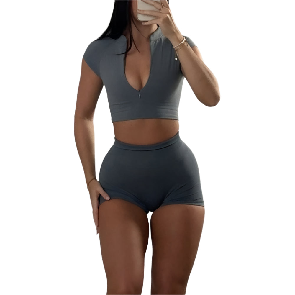 Sports Zipper Short-Sleeved Top And Shorts Two-Piece Gym Workout Outfit Clothing Set Suit For Women.