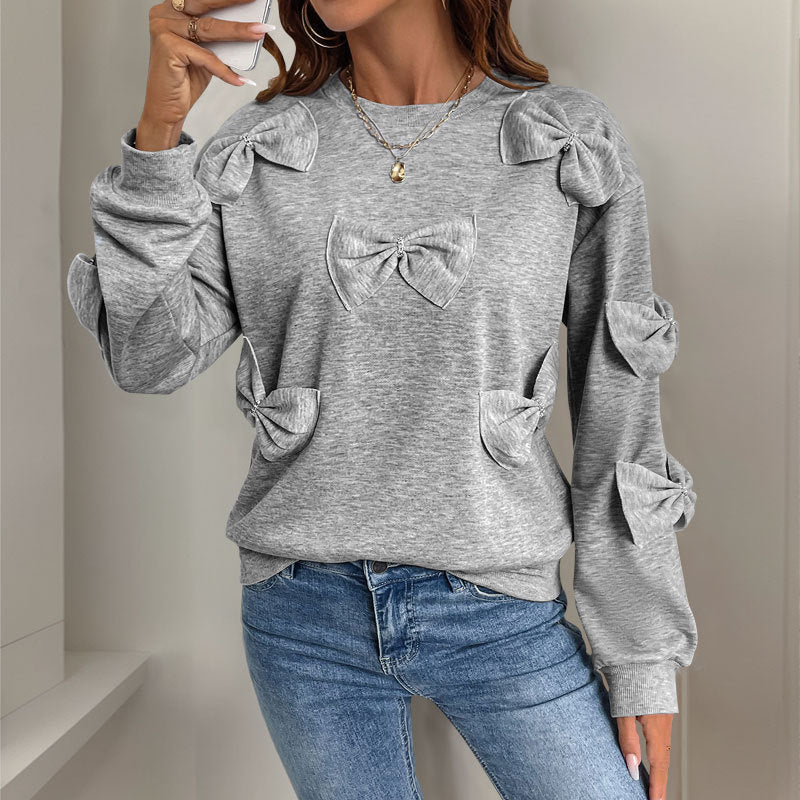 Casual Cool Bow Tie Stitching Women's Gray Round-Neck Sweater