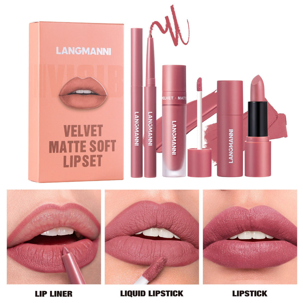 Six-Color Lipliner Liquid Lipstick & Lipstick 3pcs Set