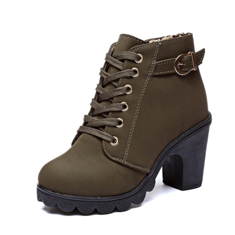 Spring Women's Boots High Quality Solid Lace-Up European Ladies Shoes With High Heels