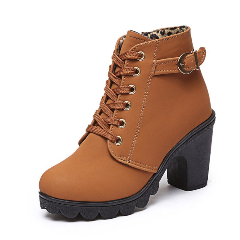 Spring Women's Boots High Quality Solid Lace-Up European Ladies Shoes With High Heels