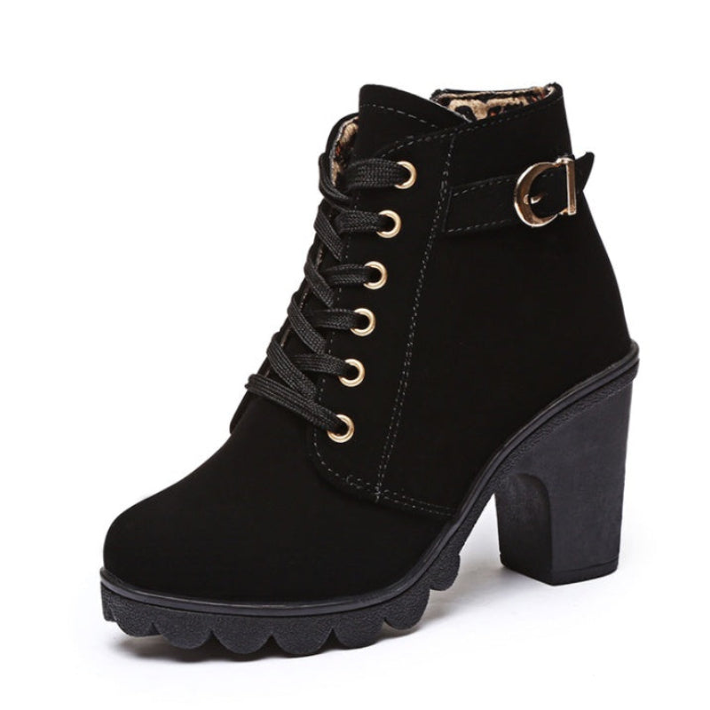 Spring Women's Boots High Quality Solid Lace-Up European Ladies Shoes With High Heels