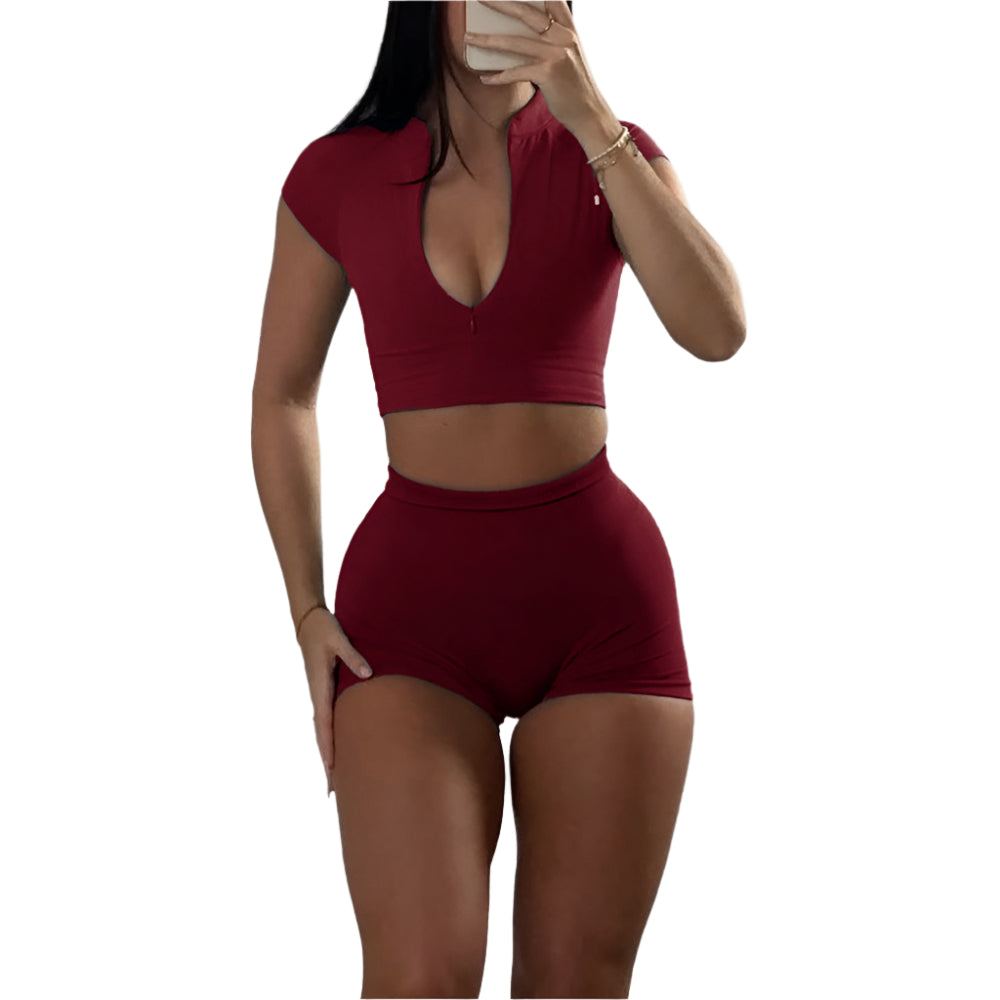 Sports Zipper Short-Sleeved Top And Shorts Two-Piece Gym Workout Outfit Clothing Set Suit For Women.