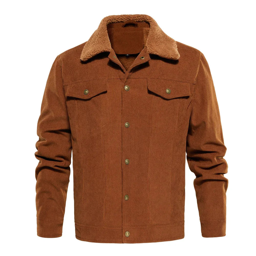 Men's Corduroy Jacket Winter Sherpa Lined Warm Thick Cargo Coat With 5 Pockets