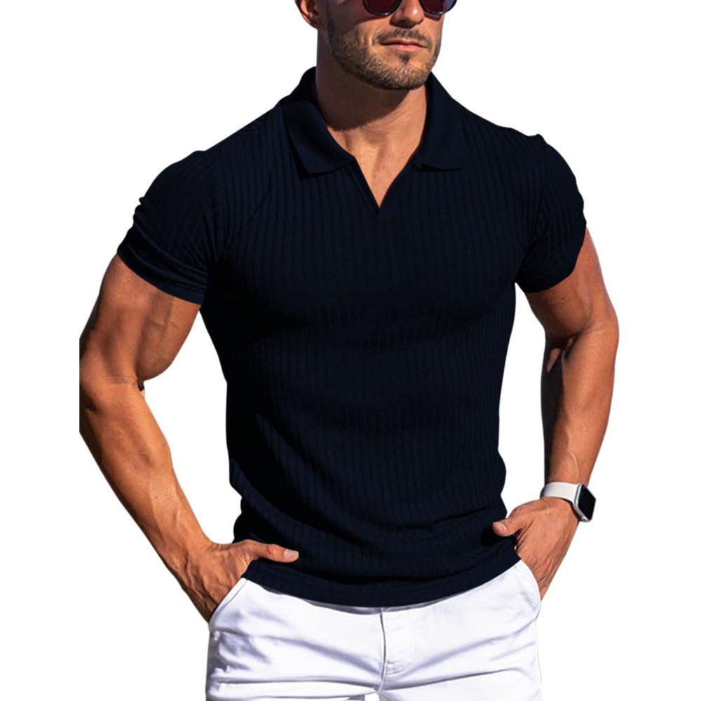 Men's Polo Shirt Lapel V-Neck Vertical Striped Short Sleeve