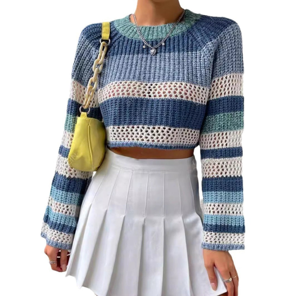 Contrast Color Striped Hollow Short Fashion Women's Sweater