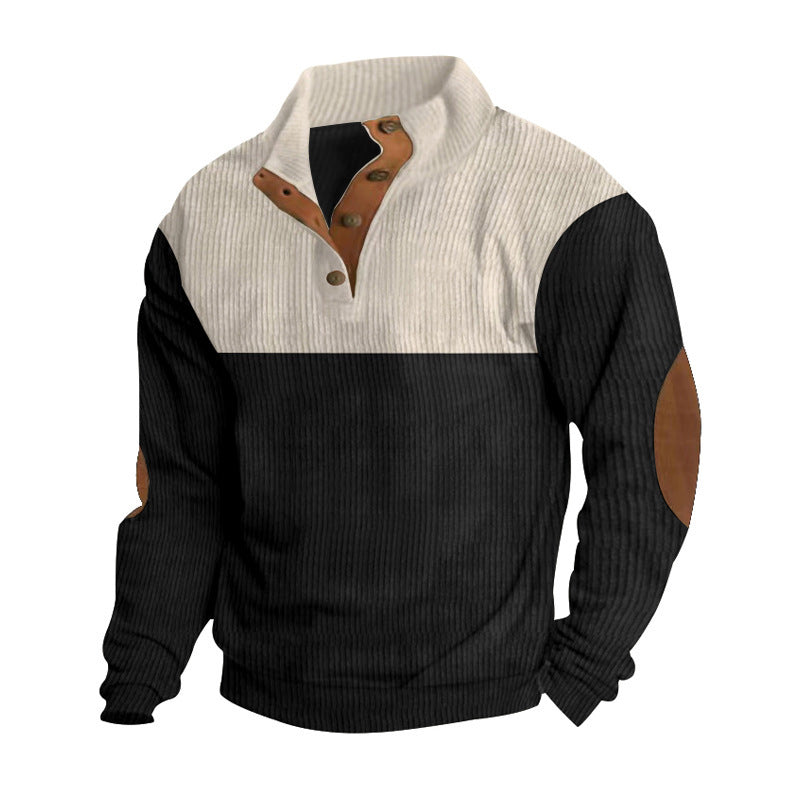 Men's Casual Button Half-Open Stand Collar Fashion Colorblock Sweater