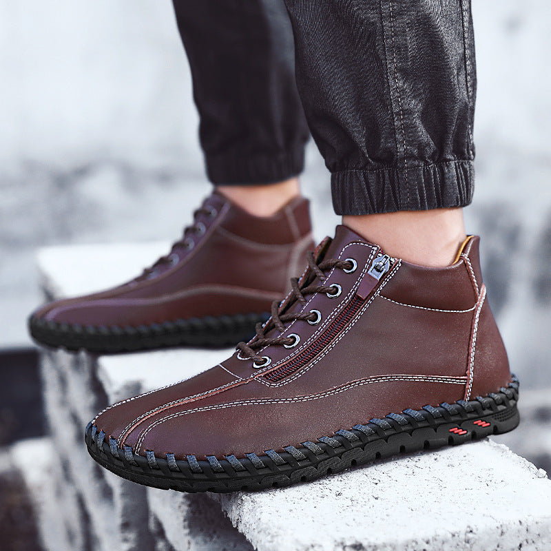 Autumn And Winter Mid-Top Men's Work Shoes With Side Zipper