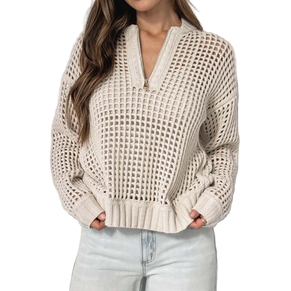 Fashion Women's Wear Pullover Zipper Half Cardigan Hollow Out Sweater