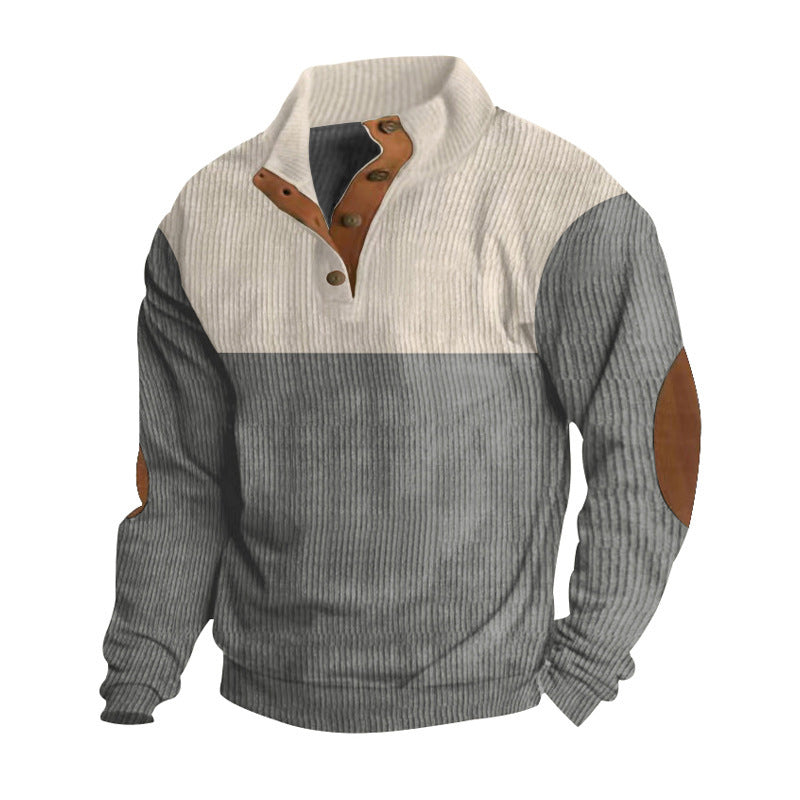 Men's Casual Button Half-Open Stand Collar Fashion Colorblock Sweater