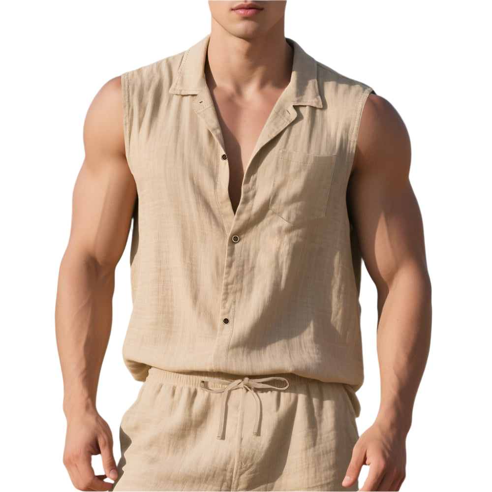Sleeveless Linen Polo Shirt Vest For Men