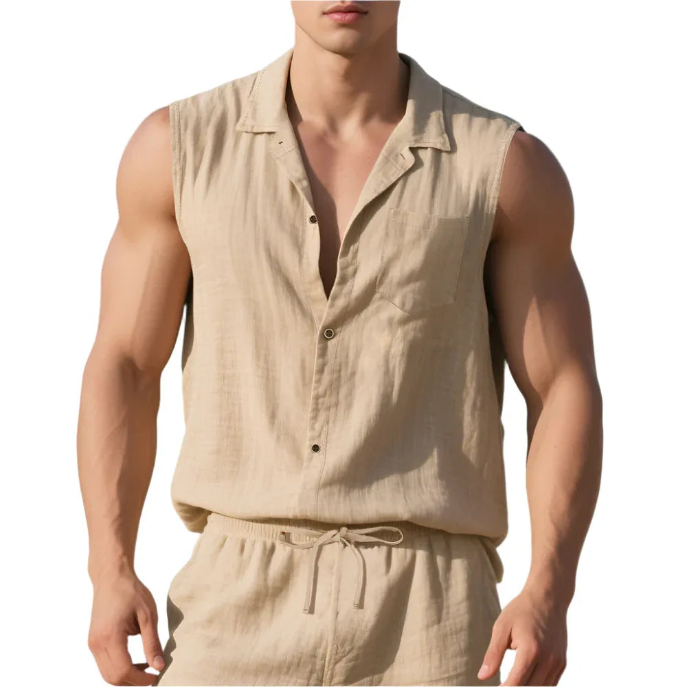 Sleeveless Linen Polo Shirt Vest For Men