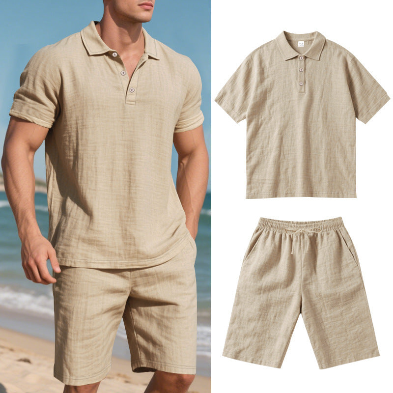 Summer Men's Loose Casual Linen Breathable Short Sleeve Shirts & Shorts Clothing Set