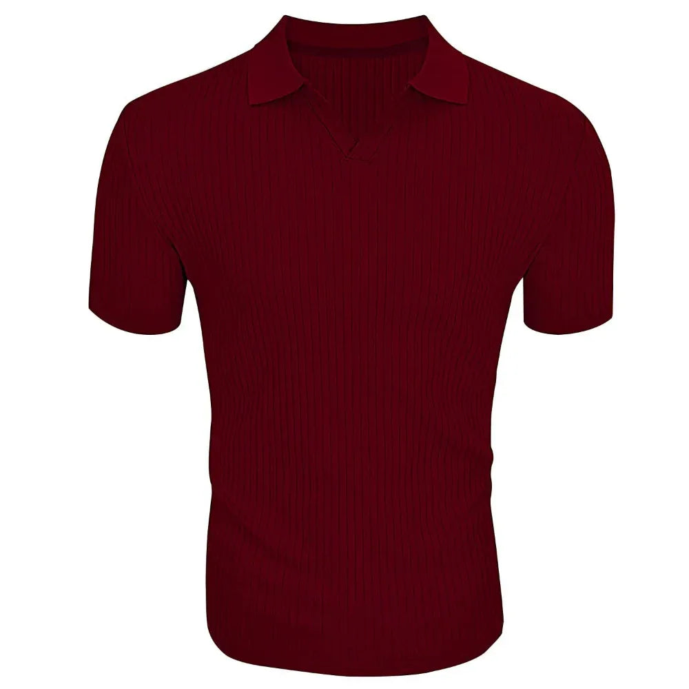 Men's Polo Shirt Lapel V-Neck Vertical Striped Short Sleeve