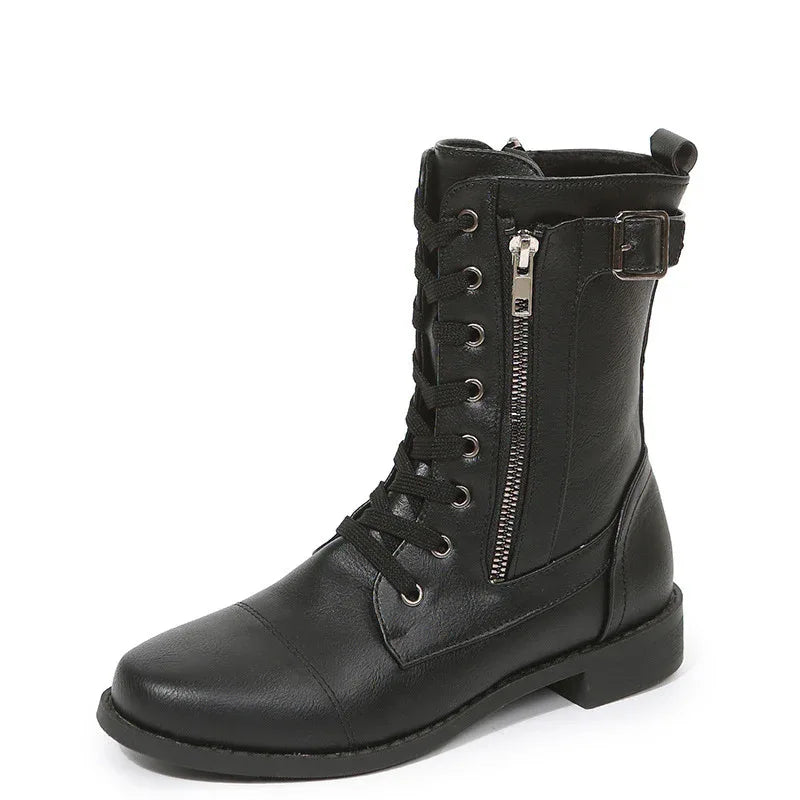 Lace-Up Western Cowboy Boots With Side Zipper Shoes For Women