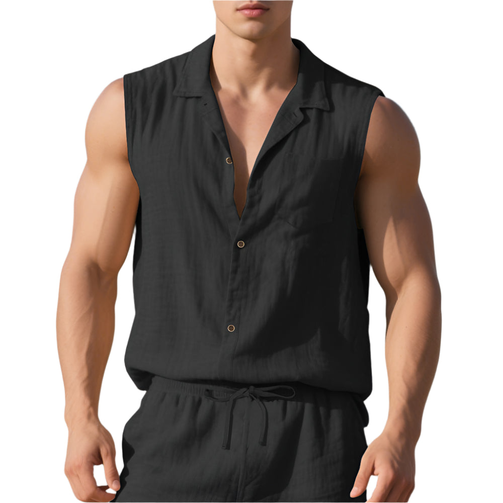 Sleeveless Linen Polo Shirt Vest For Men
