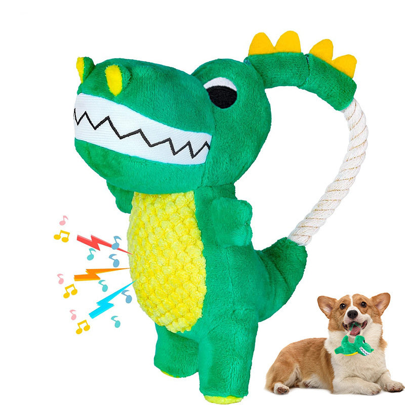 Pet Dog Plush Sounding Durable Soft interactive Dinosaur Shape Chew Toy With Squeaker.