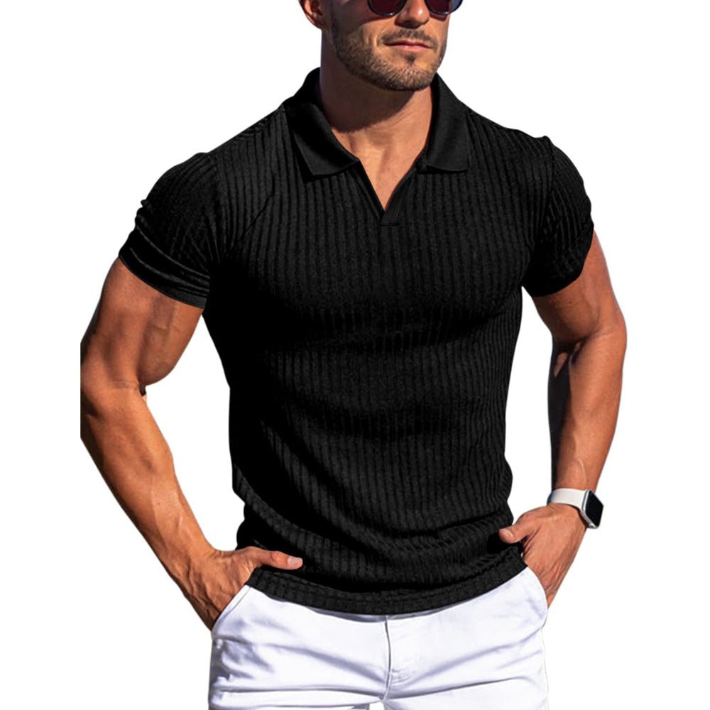 Men's Polo Shirt Lapel V-Neck Vertical Striped Short Sleeve