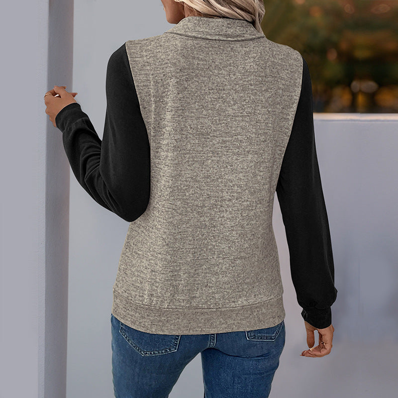 Women's Cardigan Button Color Stitching Stand-Collar Sweater
