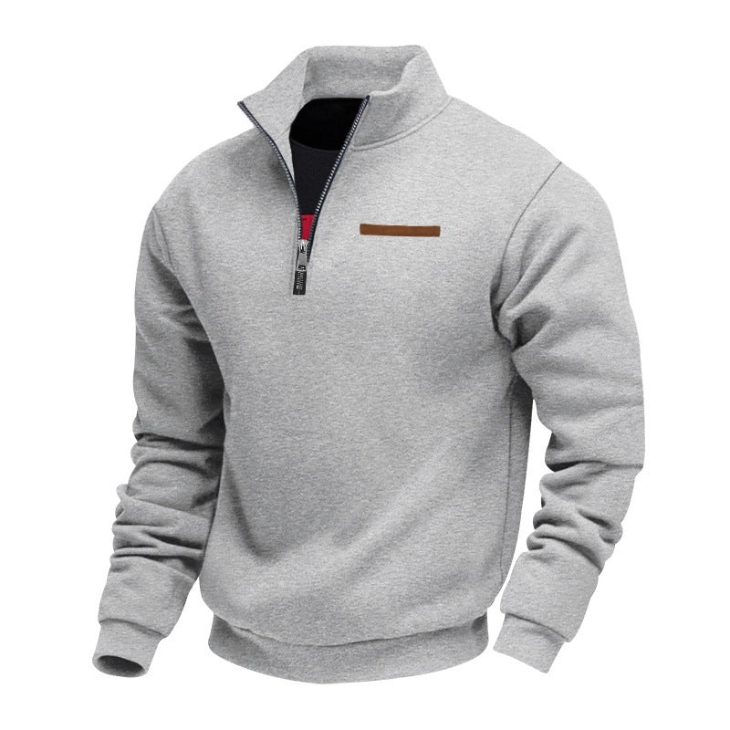 Fleece-Lined Mid-Length Zip-Up Loose-Fit Stand-Up Collar Casual Sweater