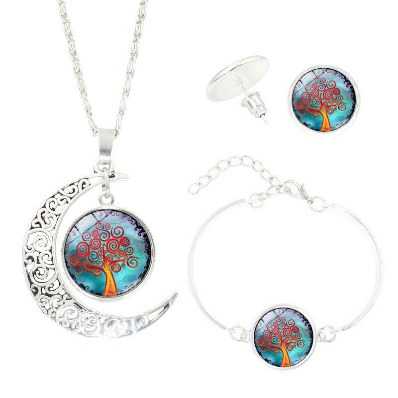 Tree of Life Time Gemstone Earrings Bracelet Jewelry Necklace Set