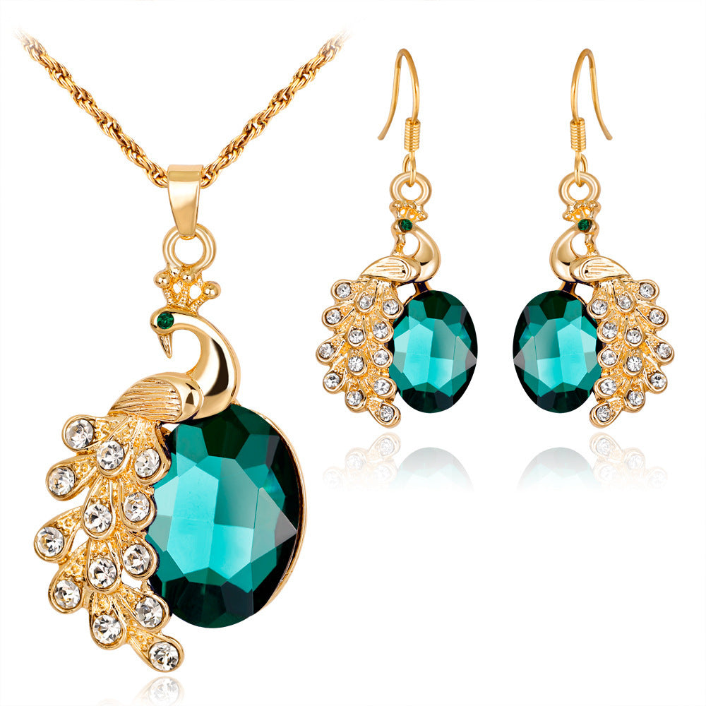 Peacock Rhinestone Earrings & Necklace Jewelry Set