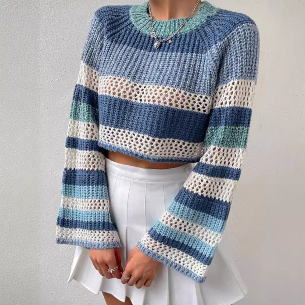 Contrast Color Striped Hollow Short Fashion Women's Sweater