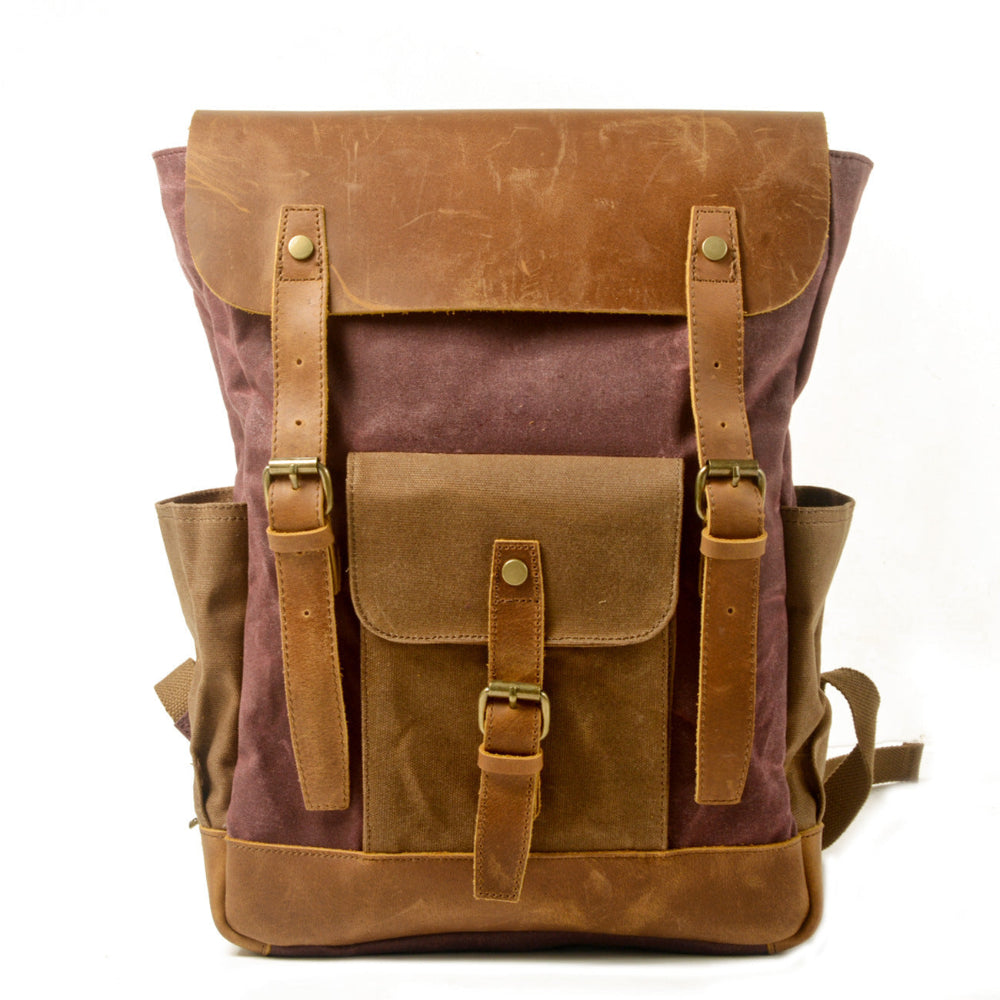 Canvas Stitching Horse Leather Backpack Oil Wax Waterproof Computer Schoolbag