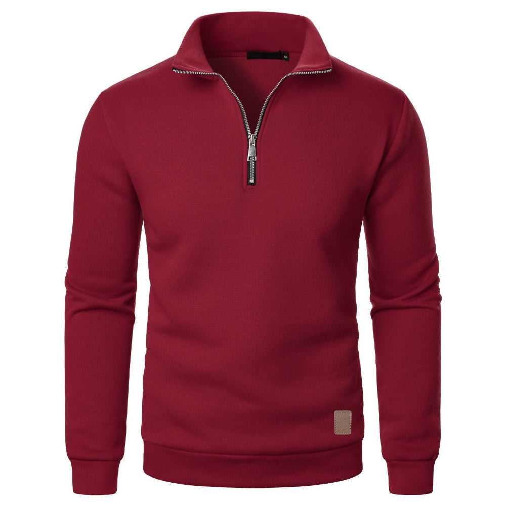 Men's Stand Collar Half Zip Long-Sleeved Casual Solid Color Fleece Top Sweater