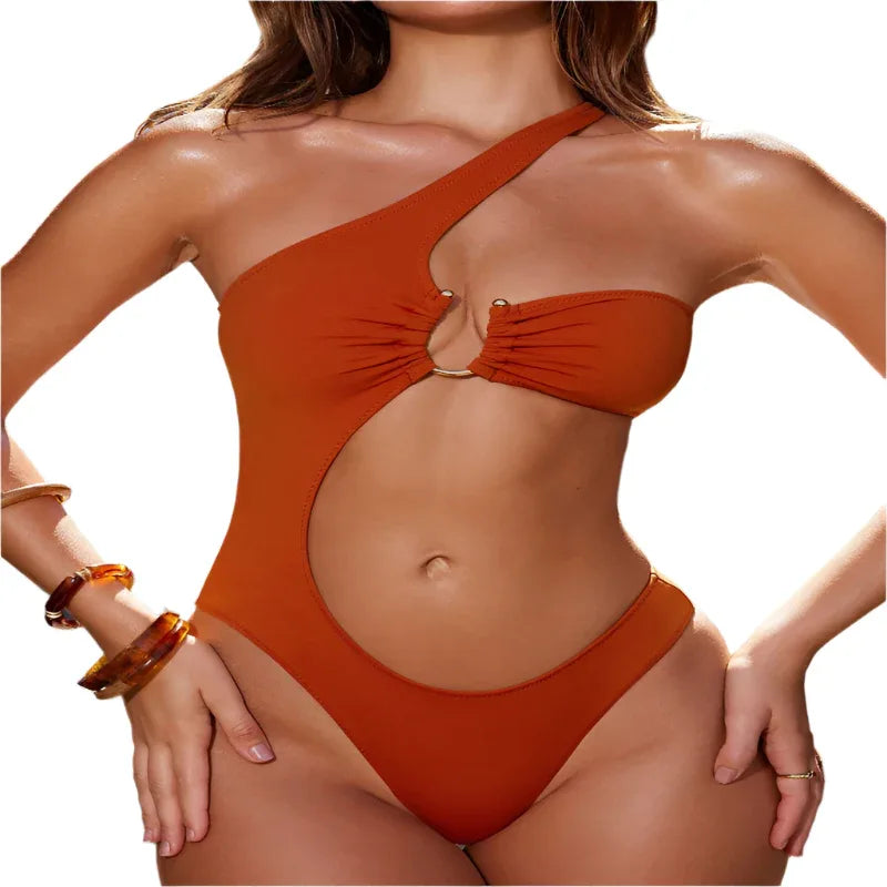 Bikini Women's Solid Color Single-Shoulder One-Piece Swimming Suit