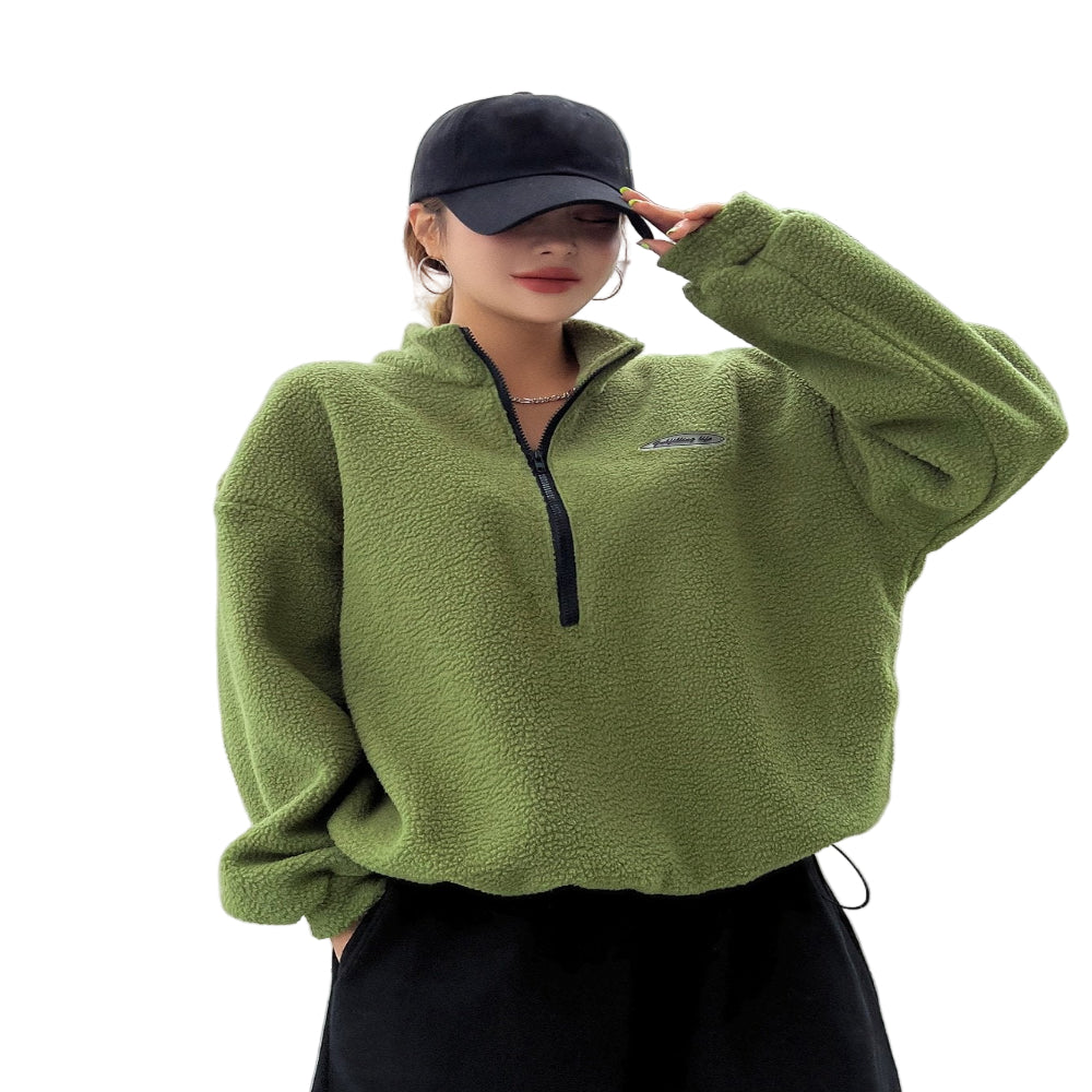 Patched Detail Drop Shoulder Half Zip Fleece Sweatshirt Long Sleeve Sweater Tops For Women