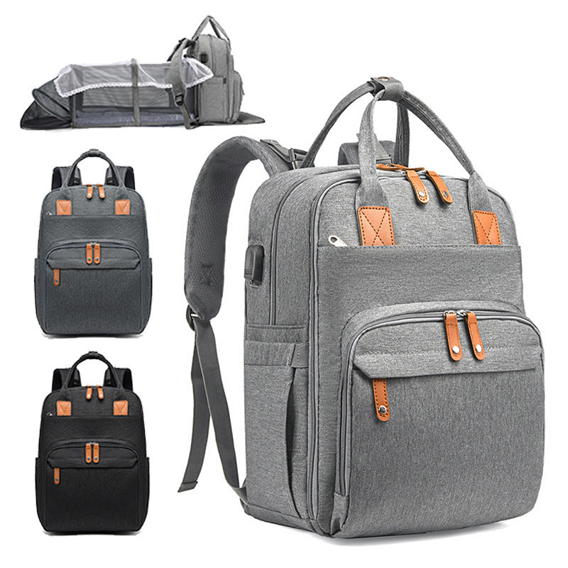 Maternity Unisex Diaper Bag With USB Charging Port Insulation Pockets Large Capacity And Portable Foldable Crib