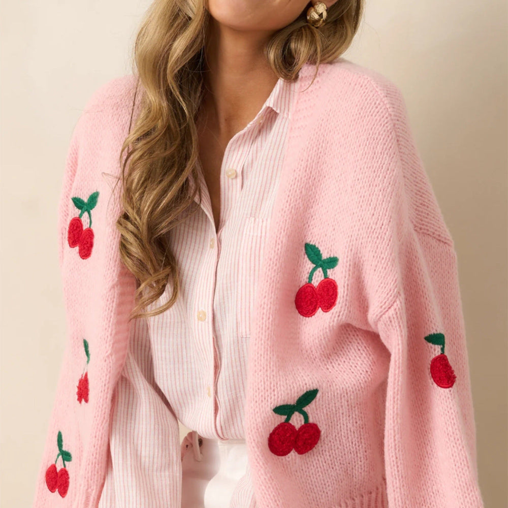 Cherry Embroidery Women's Elegant Cardigan Sweater