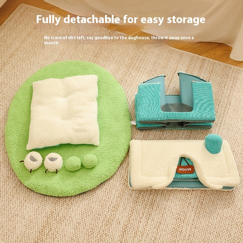 Creative Cute Cartoon Warm Pet Bed House And Plush Lawn With Multiple Dog Chew Toys