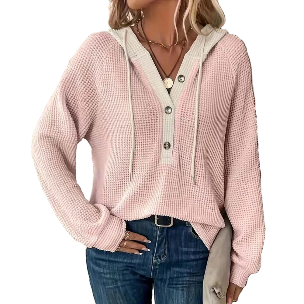 Women's Solid Color Waffle Fabric Hooded Loose Fit Sweater Long Sleeve Sweatershirt