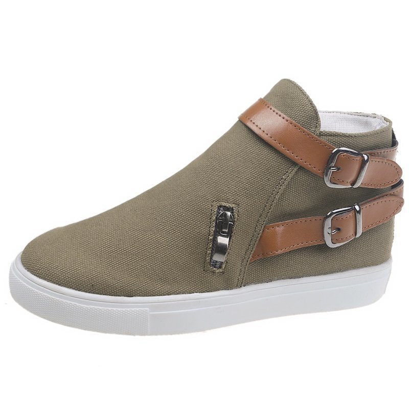 Women's Shoes Side Zipper Double Buckle Canvas Sneakers