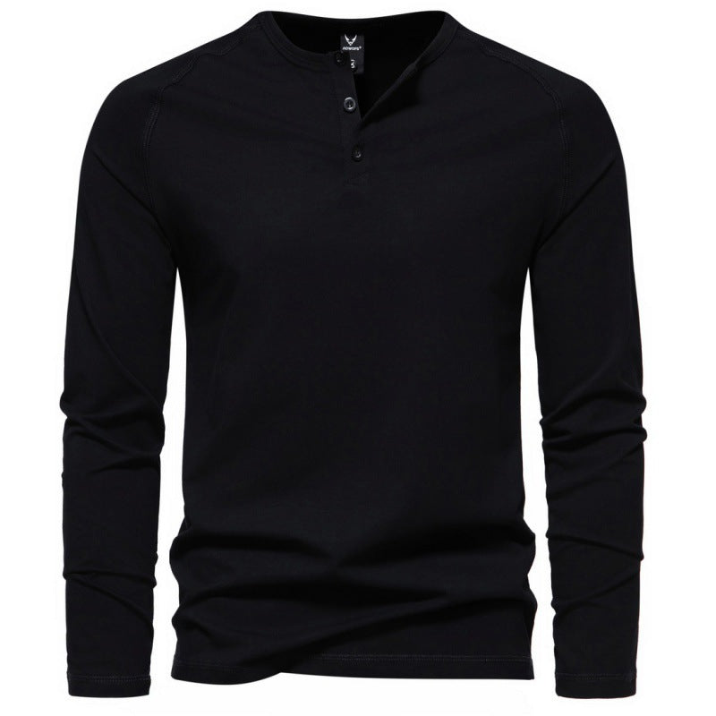 Men's Henry Collar Long-Sleeved Casual Buttoned Solid Color T-Shirt
