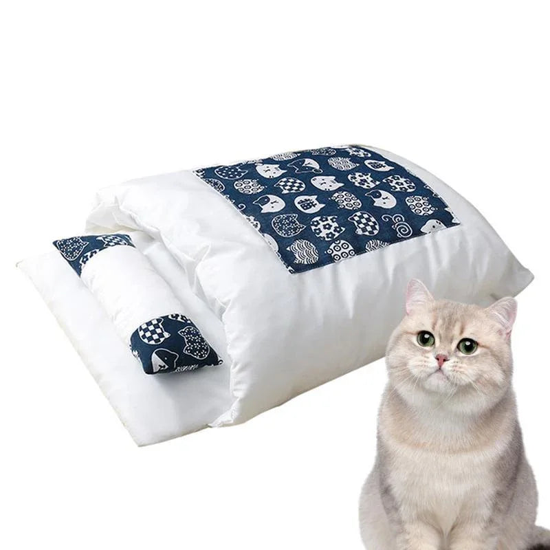 Cat Dog Pet Warm Cozy Cushion Bed With Blanket Design Pet Sleeping Bag.