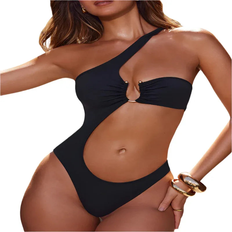 Bikini Women's Solid Color Single-Shoulder One-Piece Swimming Suit
